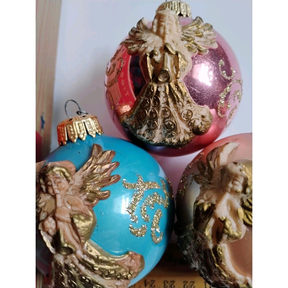 Vintage West Germany Glass Christmas Ornaments Lot 3pc Gold 3D Angel Glitter